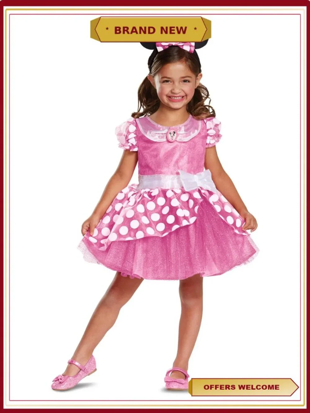 Girls Minnie Mouse Halloween Costume Toddler 2T Pink Dress Headband Set